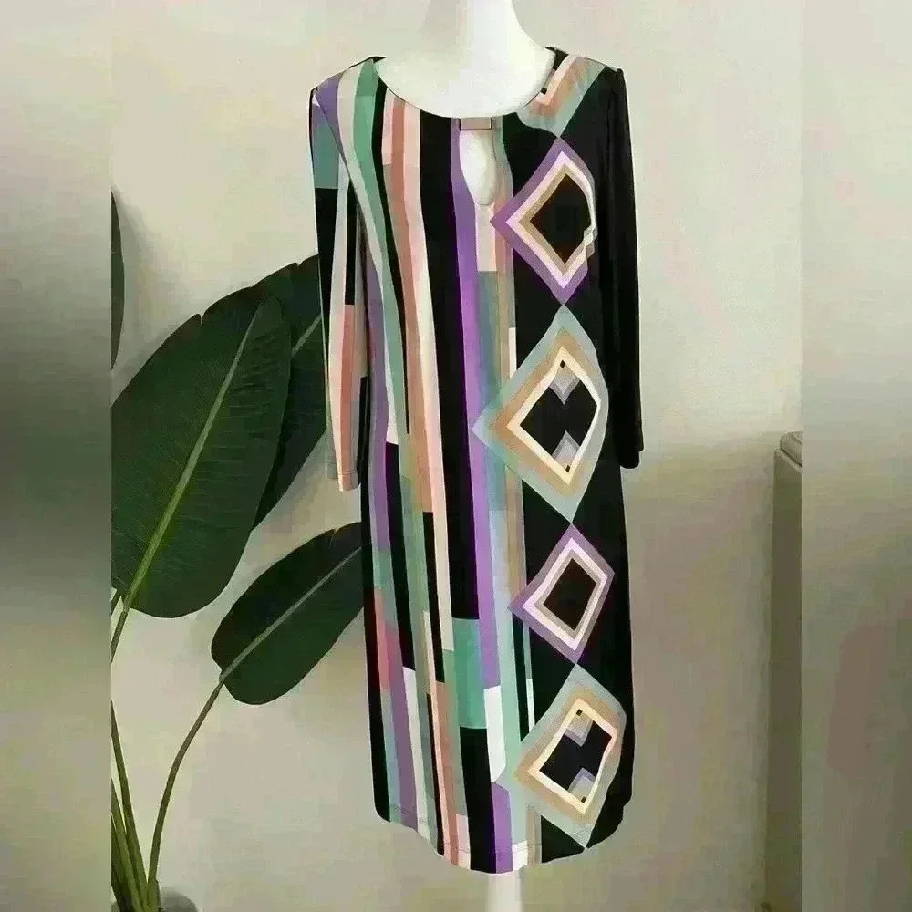 Gabby Skye Womens Midi Dress Long Sleeve Striped Print Colorful Size 10 keyhole